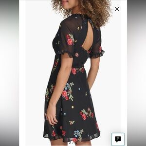 Kensie Embroidered Floral Chiffon Black Dress with Ruffle Sleeves
